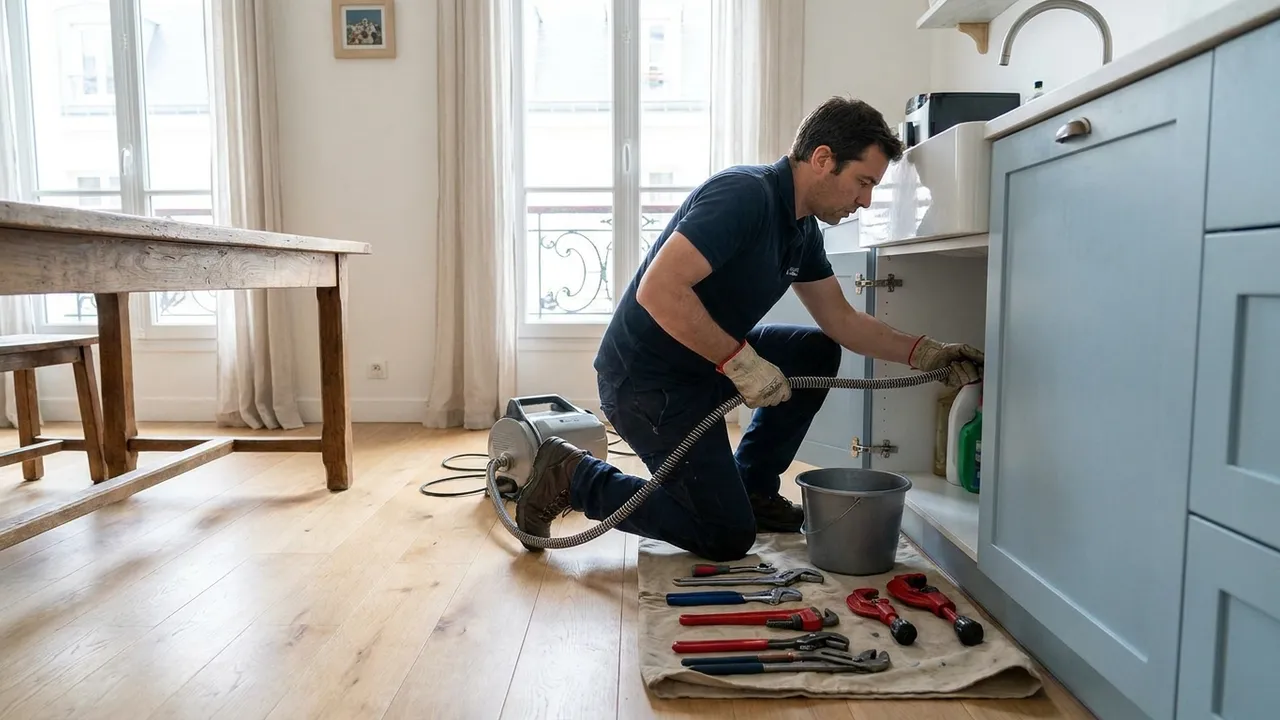 Passage d'un furet électrique dans l'évacuation d'une cuisine pour déboucher une canalisation à Nanterre