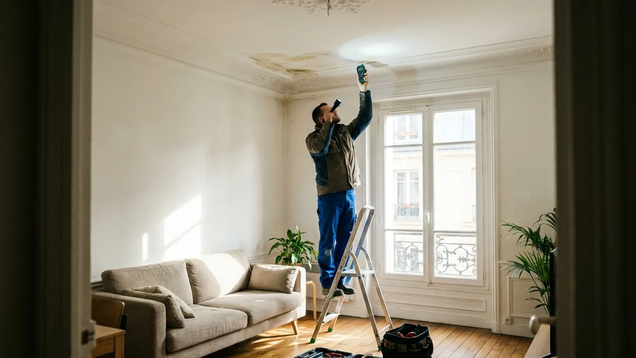 Inspection à la lampe torche d'un plafond marqué par une infiltration d'eau dans un salon à Nanterre