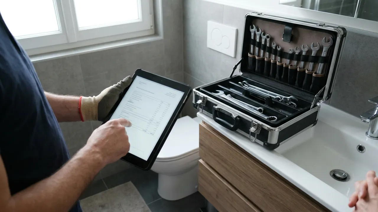 Plombier présentant un devis détaillé sur tablette à un client dans une salle de bain à Nanterre